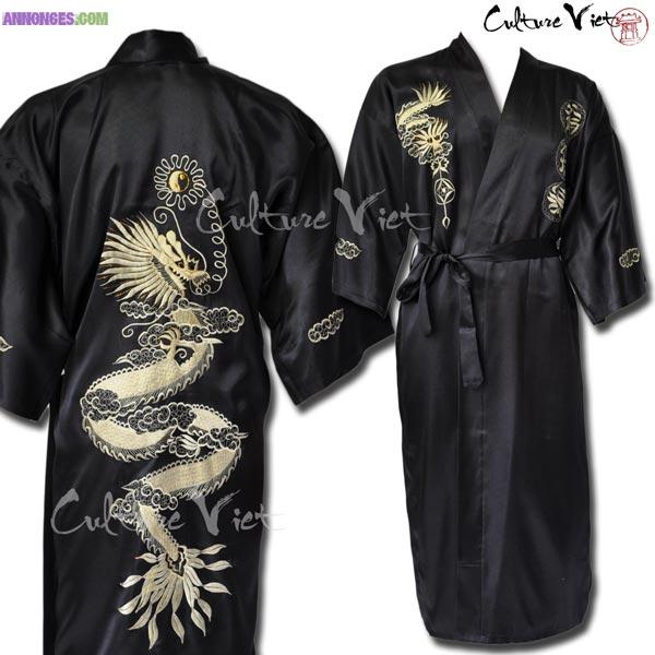 Kimono japonais en satin de soie Noire