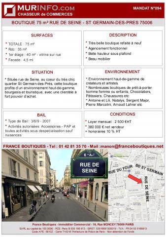 Boutique à vendre rue de Seine Paris 6 Quartier St-Germain-des-Près
