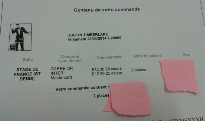 2 places carre or justin timberlake 26 avril 2014