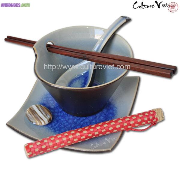 Pack 6 bols céramique avec baguette asiatique en bois exotique