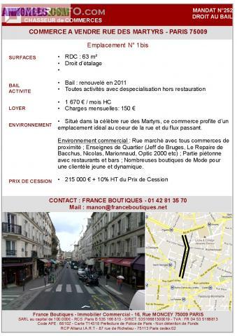 Commerce à vendre Paris 9ème - Rue des Martyrs