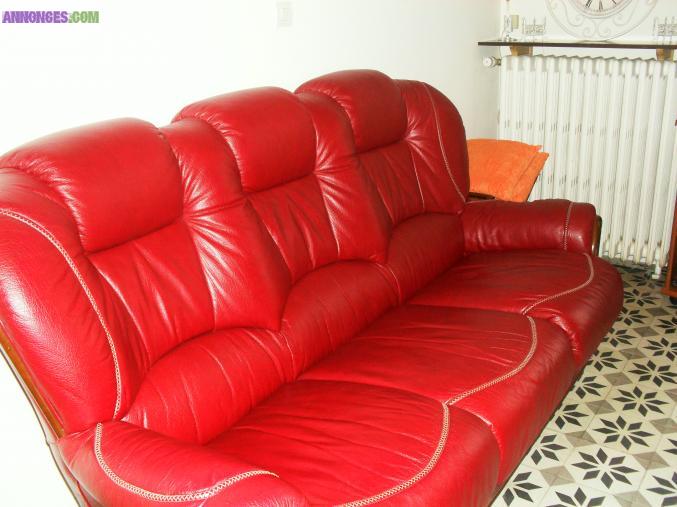 Canapé 3 places en cuir rouge bordeaux