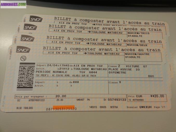 Billet Aix-en-Provence TGV - Toulouse 24 Avril