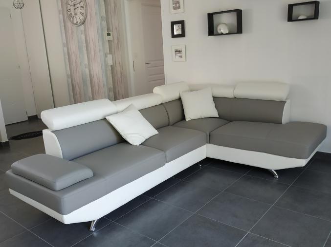 Canapé d'angle droit simili gris/blanc