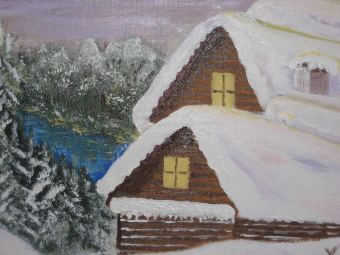 PEINTURE A L'HUILE sur toile chalets d'hiver signée par l'artiste