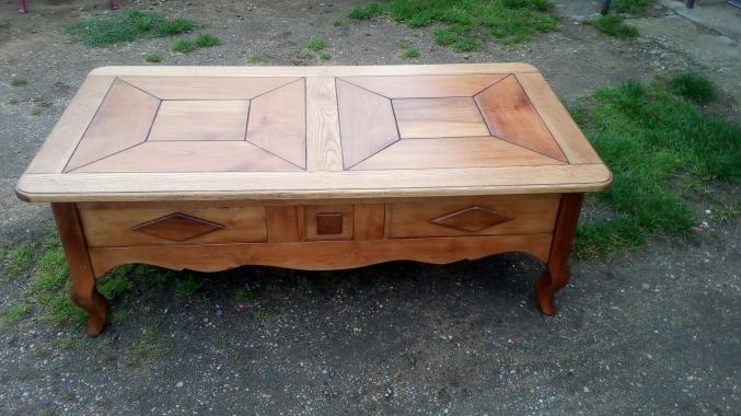 Table basse dessus 3 bois noyer merisier chêne massif