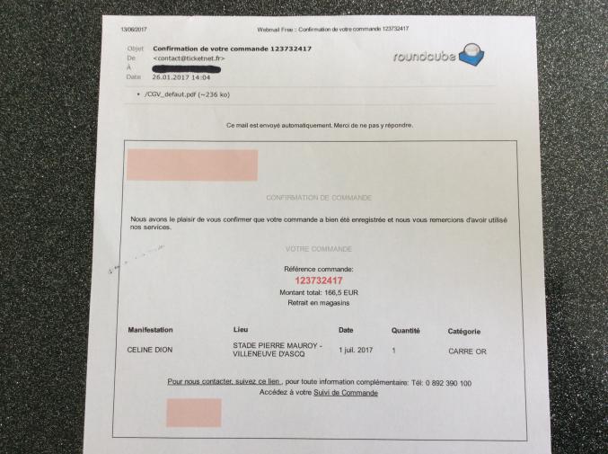 Place "Carré Or" Céline Dion  Lille du 01.07.17