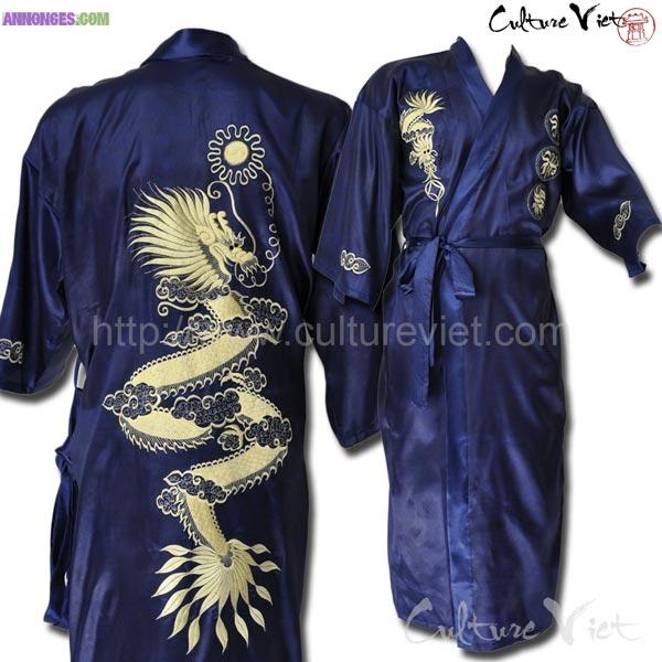 Peignoir Kimono japonais en satin de soie bleu marine