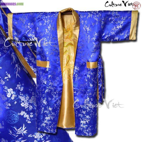 Kimono réversible en soie Bleu et Or