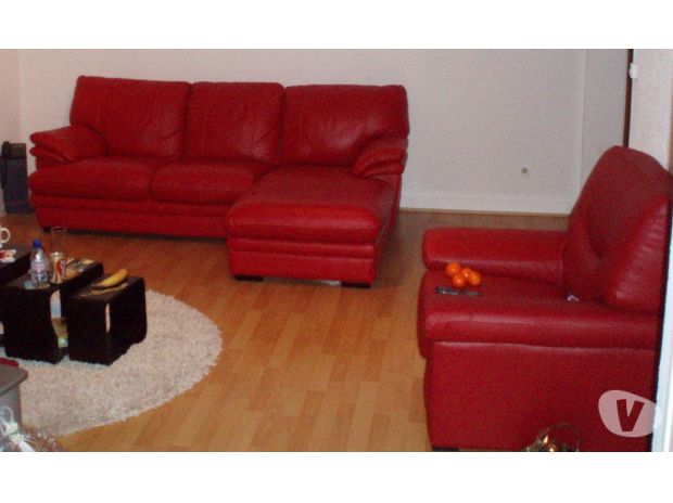 Canapé angle droit en cuir rouge + fauteuil