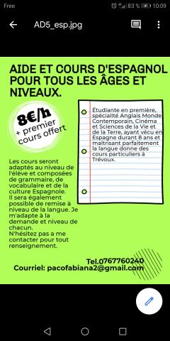 COURS D'ESPAGNOL 8€/H A TREVOUX + GARDE D'ENFANTS. 