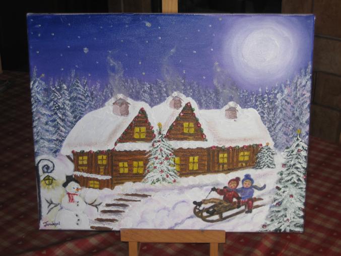 Huile sur toile Noêl au chalet