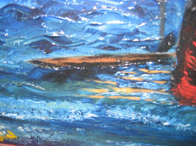 HUILE SUR TOILE AU COUTEAU DE L'ARTISTE PEINTRE JOAKYEL "PECHE EN PIROGUE"