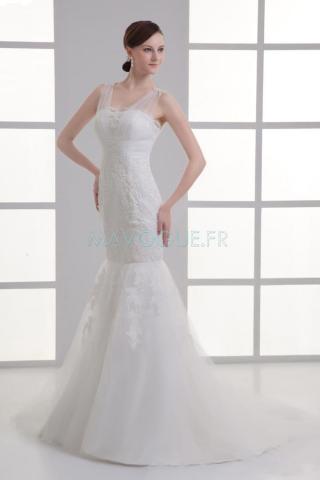 Robe De Mariée Multi Couche Tulle Satin Sans Bretelles Dentelle Sirène-mavogue.fr