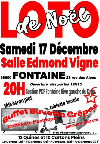 LOTO de Noël, samedi 17 décembre 2022, 20H Salle Edmond Vigne FONTAINE (38)