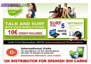 Spanish 3G SIM Prepaid.10 ¬ credit inc. UPTO 1GB of DATA
