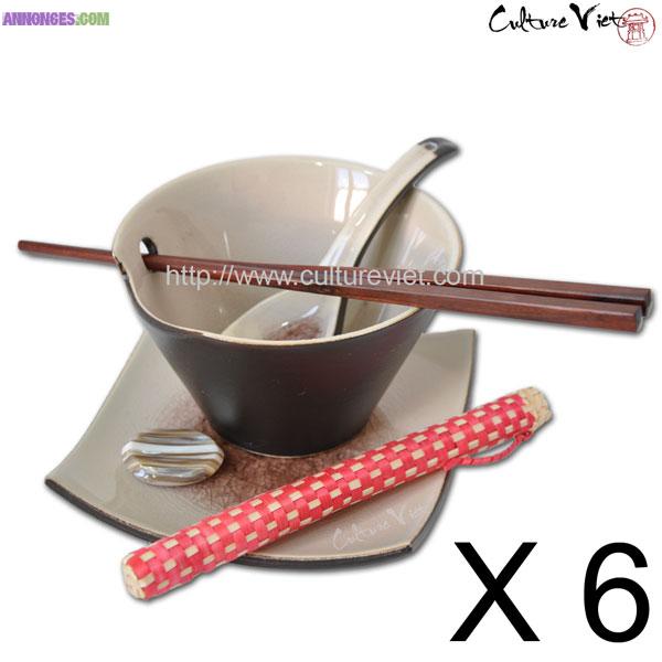 Pack 6 sets asiatiqe en céramique craquelé marron