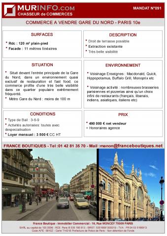  Descriptif commerce à vendre Paris 10