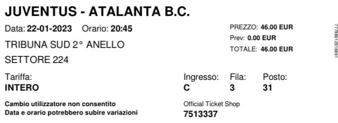 Vends 2 billets pour Juventus Atalanta