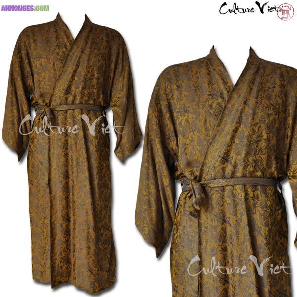 Kimono en soie Motifs Exotique Ambre