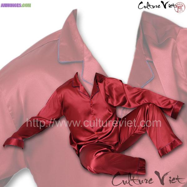 Pyjama homme tailleur en satin de soie bordeaux