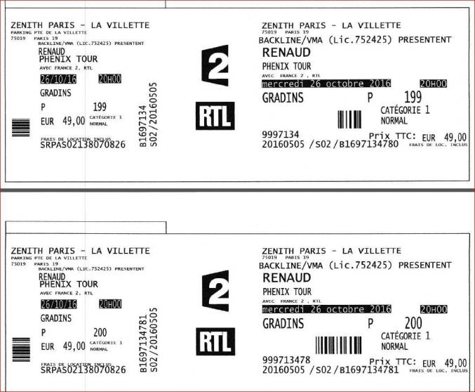 2 BILLETS POUR CONCERT DE RENAUD AU ZENITH PARIS