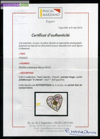TIMBRE ADHESIF N° 3632Ba AVEC PIQUAGE A CHEVAL ET CERTIFICAT