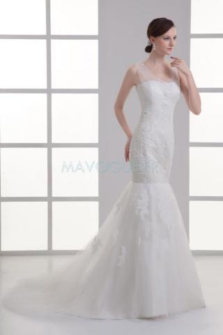 Robe De Mariée Multi Couche Tulle Satin Sans Bretelles Dentelle Sirène-mavogue.fr