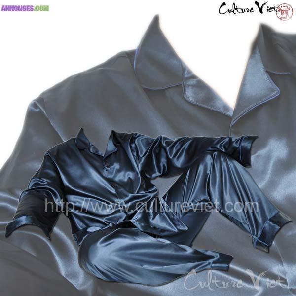 Pyjama homme en satin de soie bleu marine