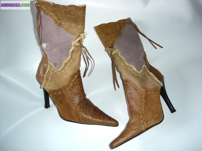 Bottes empiècements Marron P 38 Talons 10 cm