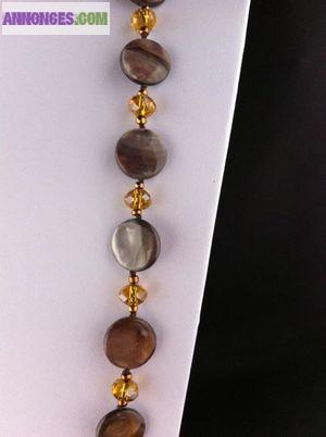Collier sautoir gris marron ambre LIVRAISON GRATUITE