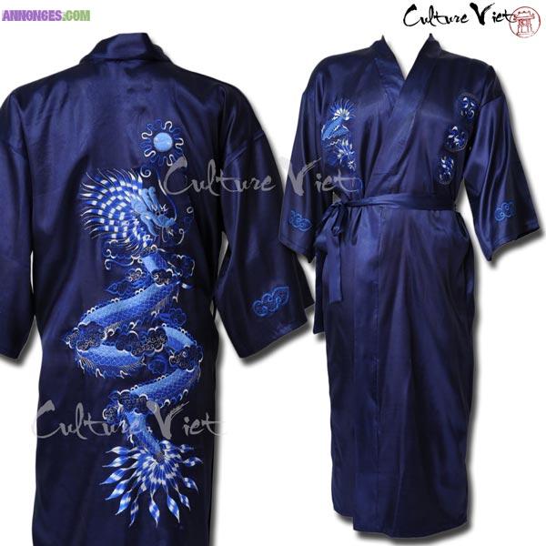 Kimono Japonais Bleu Marine en Satin de Soie