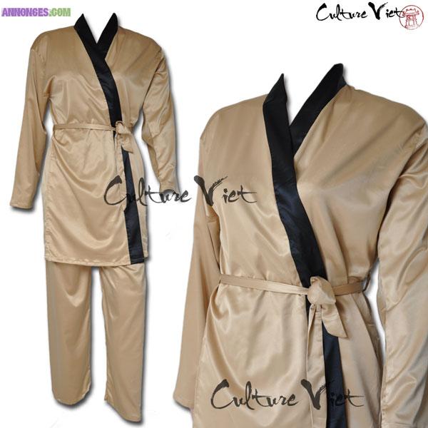 Pyjama femme satin de soie Champagne et noire