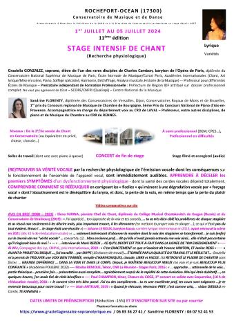 DERNIERS JOURS préinscription (Réduction) 11e édition Stage de Chant (Recherche physiologique) 1er au 5 juillet 2024