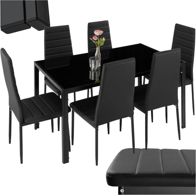 Ensemble Table à Manger en verre trempé avec 6 chaises en Cuir synthétique 