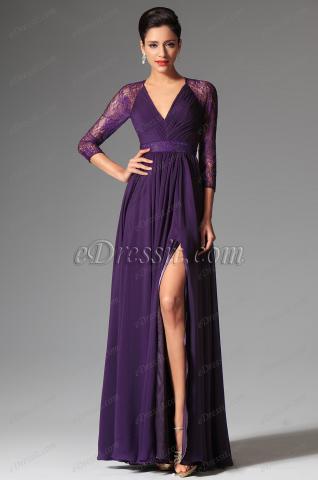 Robe de Soirée violette buste croisé en mousseline edressit