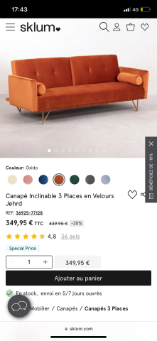 Canapé inclinable 3 places velours orange