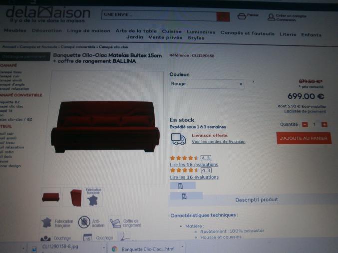 CLIC CLAC ROUGE CONVERTIBLE 140X200 «DE LA MAISON»