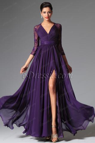Robe de Soirée violette buste croisé en mousseline edressit