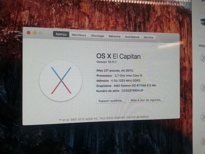 Imac 27" i5 2,7GHZ 4Go 1To