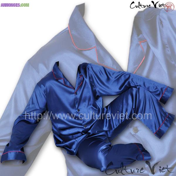 Pyjama homme en satin de soie Bleu marine