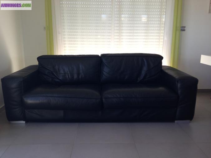 Canapé cuir noir 3 places TBE