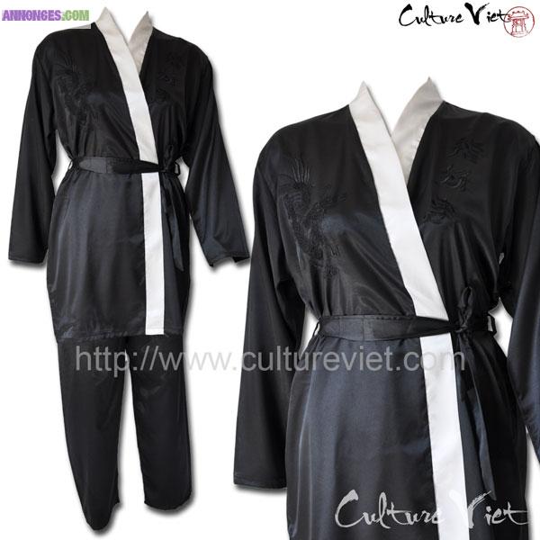 Pyjama femme en satin de soie noire veste kimono