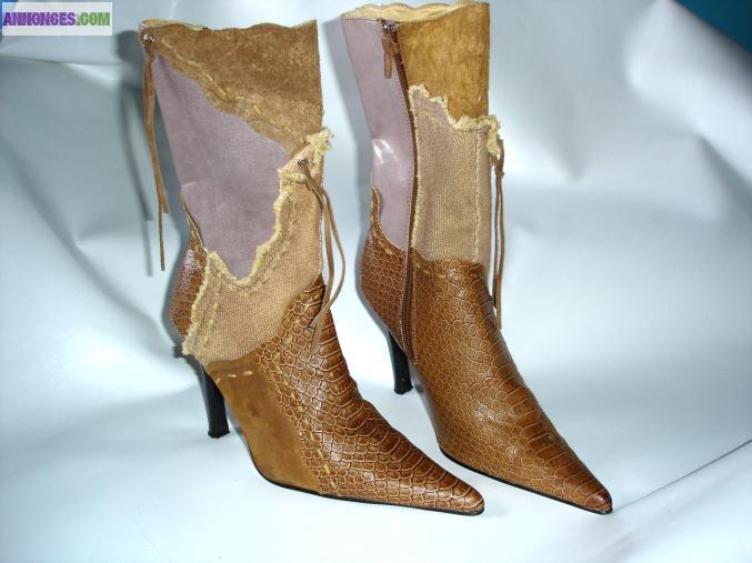 Bottes empiècements Marron P 38 Talons 10 cm